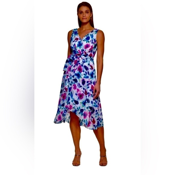NWT DKNY Belted Floral Hi Low Hem Sheer Lined Sleeveless Dress Size 2 - Picture 1 of 11